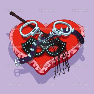 Valentine's Day BDSM gift: mask, handcuffs, lash and collar are placed on the red heart shaped pad